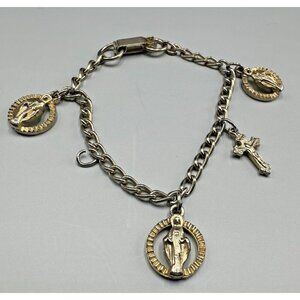 Vintage Religious Charm Bracelet Gold Tone Virgin Mary Cross 6 Inch